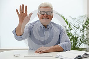 Mature man using video chat in office, view from web camera