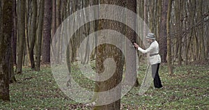 Mature man walking through forest and exploring old trees