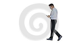 Mature man walking and using mobile phone on white background.