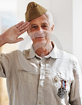 Mature man, war and hero in retirement with service, medals and uniform as soldier or patriot.Senior person, army and