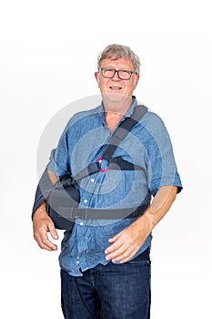 mature man wearing a abduction brace