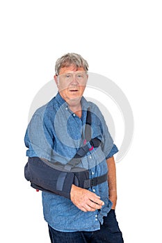 mature man wearing a abduction brace