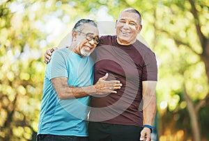 Mature, men and fitness for health in closeup for retirement in embrace, conversation and laughing at park. Elderly