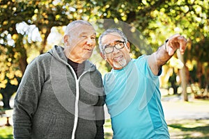 Mature, men and pointing while talking at park for fitness, health and wellness on retirement. Elderly, friends or