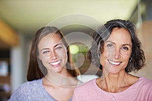 Mature mother, daughter and portrait with smile, love and bonding at home. Women, face and happiness with house, living