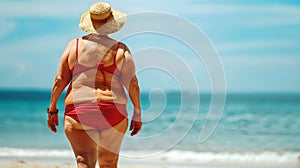 Mature obese woman in red bikini walking on sandy beach towards ocean, summer people lifestyle, vacation concept