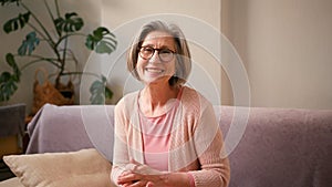 Mature old 60s woman, older middle aged female customer making video call meeting looking at camera smiling while