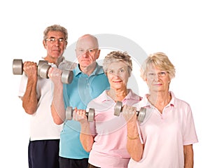Mature older people lifting weights