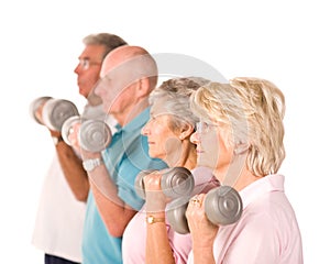 Mature older people lifting weights