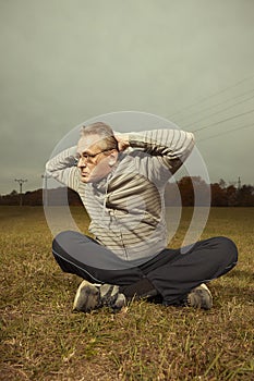 Mature older ugly man in glasses trying to be fitness icon