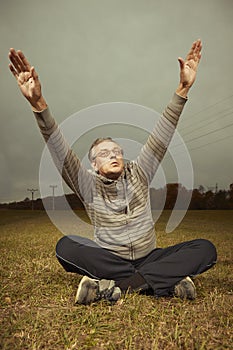 Mature older ugly man in glasses trying to be fitness icon