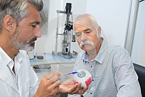 Mature ophtalmologist showing eye mockup to senior patient photo