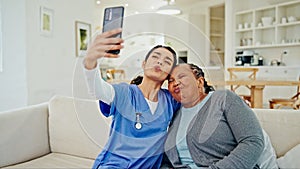 Mature patient, caregiver and selfie of happy people post tongue out, kiss pucker or memory photo to social network