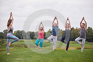 Mature people doing yoga exercise outdoor.