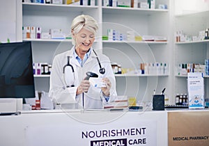 Mature pharmacist, woman and scanning pills, cashier with medicine and pharmacy, digital and stock barcode