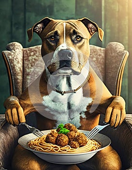A mature Pit Bull dog is sitting down at home ready to eat a bowl full of spaghetti and meatballs.