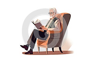 Mature retired man reading a book in a chair. Generative ai
