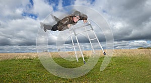 Mature Senior Man Fly in Sky With Walker, Young at Heart