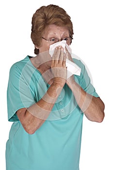 Mature Senior Woman Cold Flu Season Isolated photo