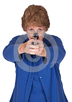 Mature Senior Woman Grandma Hold Hand Gun Pistol photo