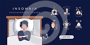 Mature senior woman suffers from insomnia. Vector illustration of main physiological causes: diabetes, sleep apnea