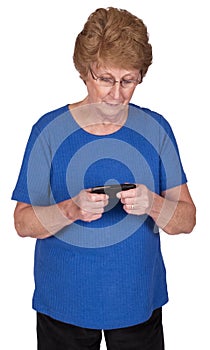 Mature Senior Woman Texting on Cell Phone Isolated