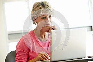 Mature student using computer in class