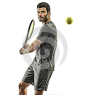 Mature tennis player man backhand isolated white background