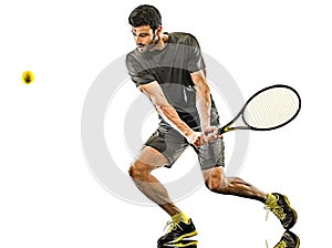 Mature tennis player man backhand isolated white background photo
