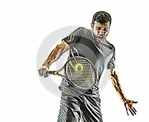 Mature tennis player man backhand portrait isolated white background
