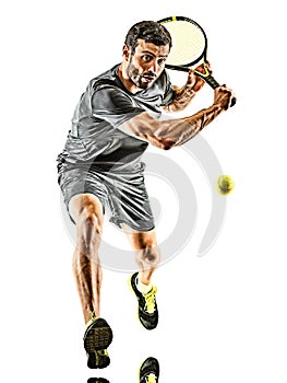 Mature tennis player man backhand silhouette full length isolated white background