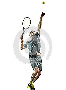 Mature tennis player man serving service isolated white background