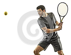 Mature tennis player man waist up profile side view isolated white background