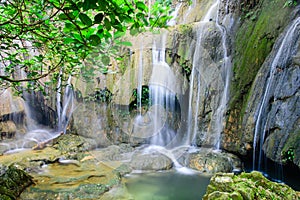 Mature trees and milky falls at Thac Voi waterfall, Thanh Hoa, Vietnam