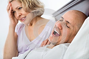 Mature unhappy girlfriend cannot stand guy snoring loudly