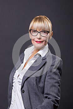 Mature woman 40s cheerful eyeglasses