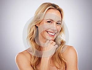 Mature, woman and beauty facial portrait of skincare, wellness and self care in a studio. , white background and