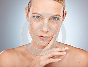 Mature woman, beauty and portrait of natural cosmetics, anti aging skincare or facial glow on studio background. Serious