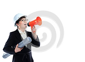 Mature woman carrying building plans and shout in megaphone