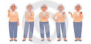 Mature woman character set. Elderly woman thinks, idea, tired. Pensioner with a gadget, uses a smartphone