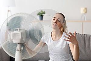 Mature woman cooling herself in front of fan during hot weather