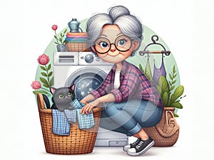 Mature woman doing laundry with pet cat