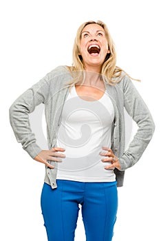 Mature woman excited isolated on white background