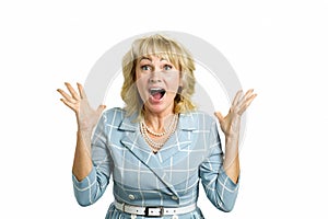 Mature woman excited on white.
