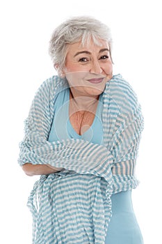 Mature woman feels comfortable around isolated on white