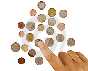 Mature, woman hand counting pennies, small change. Poverty concept. European euro coins, on white. photo