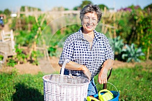 Mature woman having horticultural instruments in garden on day