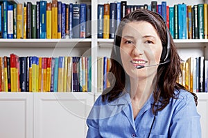 Mature woman headset copy space