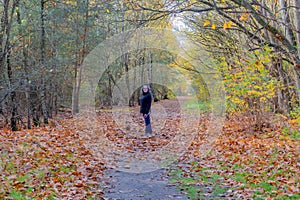 Mature woman with her dog standing and looking at the camera in the middle of a path covered with dry leaves between autumn trees