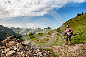 Mature woman hiking in the Pyrenees mountains